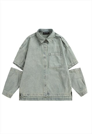 Detachable sleeves denim shirt jacket bleached jean jumper