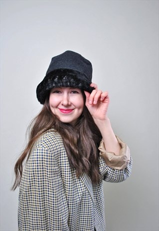 Fake fur hat, vintage faux fur bucket hat, women retro 