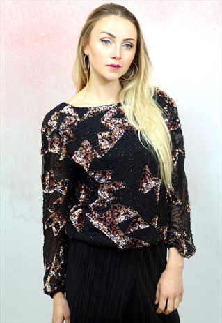 1980S VINTAGE BLACK AND BRONZE EMBELLISHED SILK TOP