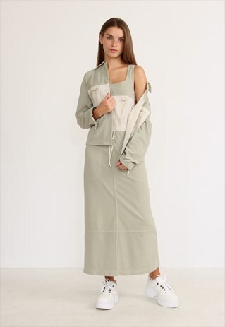 VINTAGE GREY SUIT TWO SET SLEEVELESS LONG DRESS AND JACKET