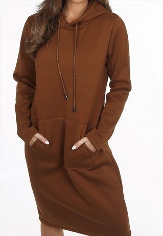 HOODED LONG JUMPER DRESS IN BROWN