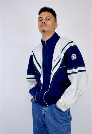 VINTAGE 90'S NAVY WHITE & GREEN HIGH NECK CHAMPION JACKET