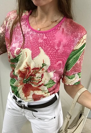 VINTAGE Y2K GLADIOLUS PRINT MESH SHEER TEE BLOUSE TOP PINK