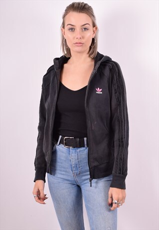 ADIDAS WOMENS VINTAGE HOODIE JACKET MEDIUM BLACK 90'S