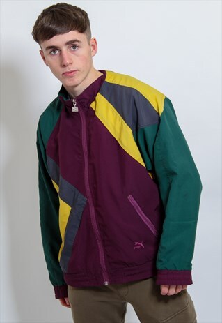 VINTAGE PUMA LOGO SHELL JACKET IN PURPLE AND GREEN LARGE