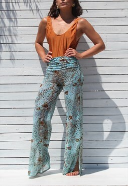 Crool y2k stock blue floral print sheer tulle stretch pants