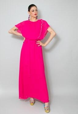 70's Vintage Ladies Pink Caped Maxi Dress S/M