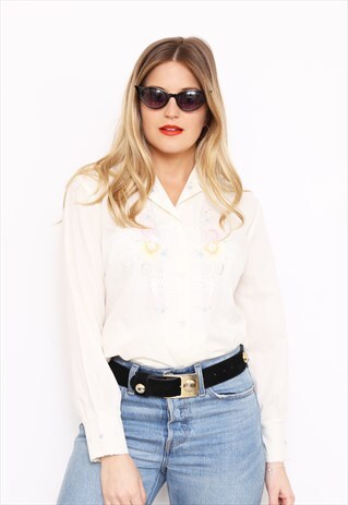 VINTAGE 70S CREAM EMBROIDERED SHIRT BLOUSE