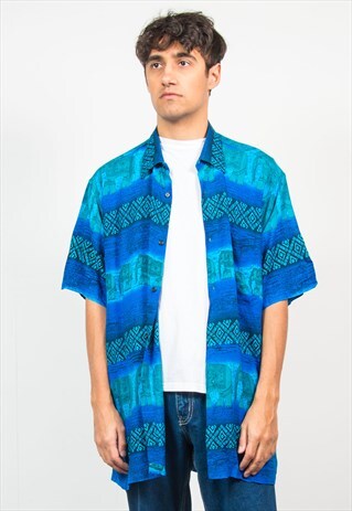 90'S VINTAGE SHIRT SHORT SLEEVE CRAZY PATTERN FESTIVAL