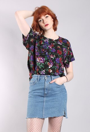 VINTAGE 80S FLORAL BUTTON BLOUSE TOP