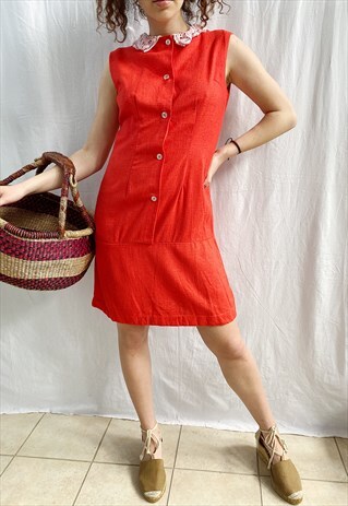 VINTAGE 60S TWIGGY MOD LINEN CROCHETED COLLAR MINI DAY DRESS
