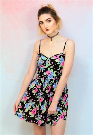 1980S VINTAGE FLORAL SKATER MINI DRESS