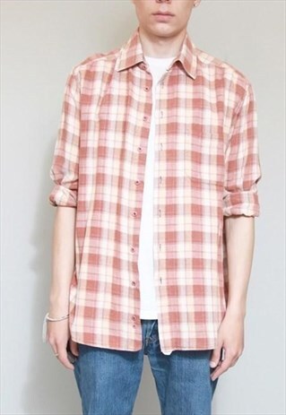 VINTAGE 1990'S BROWN PLAID FLANNEL LONG SLEEVED SHIRT