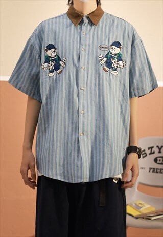 Blue Washed Striped Embroidered Bears Denim Oversized Shirt 