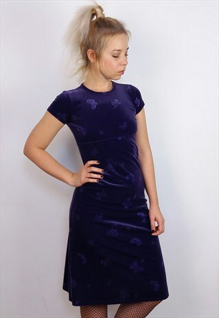 VINTAGE 90'S STRETCH VELVET VELOUR MIDI DRESS IN PURPLE