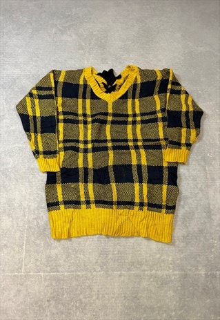 VINTAGE KNITTED JUMPER CHECKED PATTERNED KNIT SWEATER