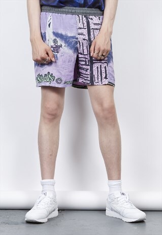 VINTAGE 80'S PURPLE CRAZY PRINT SWIM SHORTS