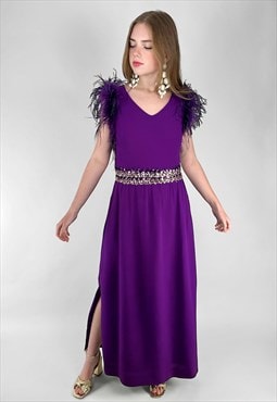 70's Jobi Vintage Purple Crepe Feather Sequin Maxi Dress