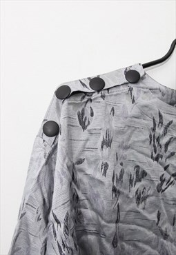 90s Silver Satin Bamboo Plants Print Blouse Top M