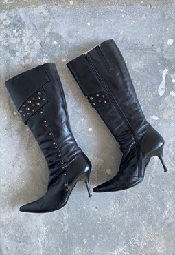 Vintage 00s Knee High Leather Pointy Boots 