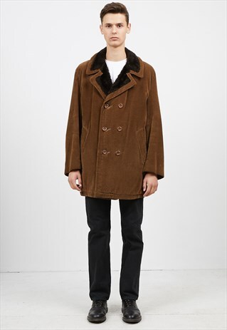 VINTAGE WINTER BROWN BORG CORDUROY SHEARLING LINING PEA COAT