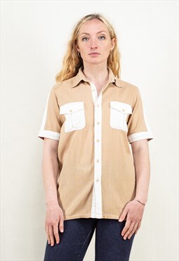 Vintage 70's Short Sleeve Shirt in Beige and White