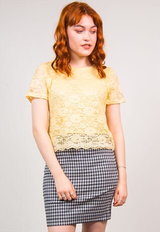 VINTAGE 90'S PASTEL YELLOW FLORAL LACE MESH TOP