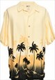 Vintage Pale Yellow & Black Beach Print Hawaiian Shirt - L