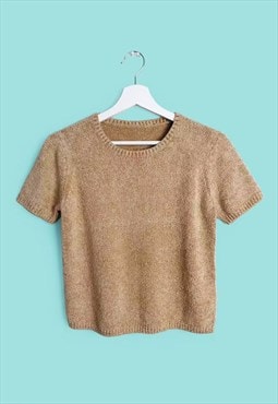 Vintage 90's Short Sleeves Chenille  Knit Crop Top Beige