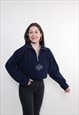 VINTAGE 90S CROP FLEECE, BLUE EMBROIDERED LOOSE FLEECE TOP 