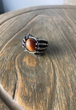 Alien and brown stone chunky silver ring