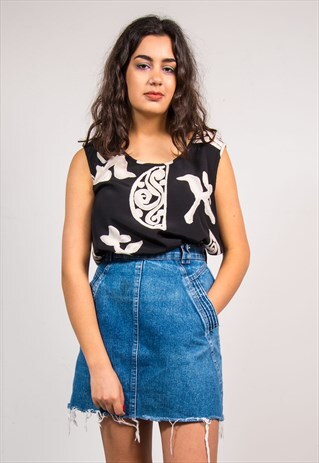 VINTAGE 90'S BLACK PATTERNED SLEEVELESS BLOUSE TOP SHIRT