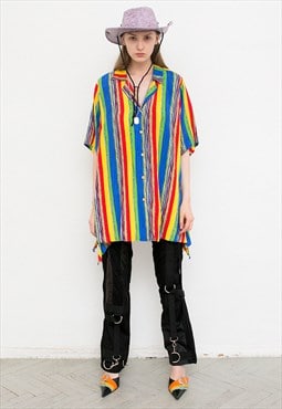 Vintage Striped Shirt Blouse Rainbow Reggae Oversized 80s