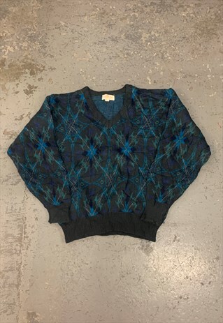 VINTAGE ABSTRACT KNITTED JUMPER FUNKY PATTERNED GRANDAD KNIT