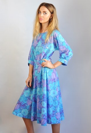 VINTAGE 70S BLUE FLORAL BOHO PEASANT MIDI DRESS