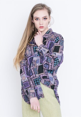 VINTAGE PURPLE PATTERNED CHECKED LONG SLEEVE RETRO SHIRT