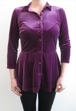 00s Designer Purple Velour Velvet Long Sleeved Peplum Top