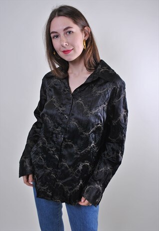 VINTAGE WOMAN BLACK BLOUSE WITH FLORAL EMBROIDERY