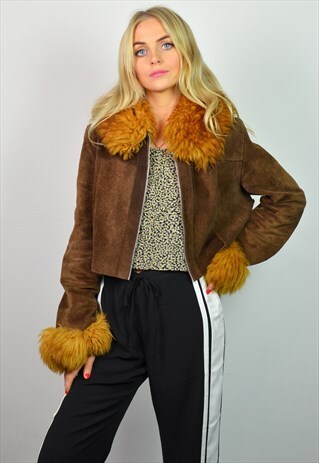 VINTAGE 70S DARK BROWN SUEDE & FAUX FUR COLLAR CROP JACKET