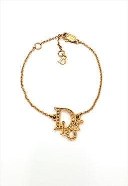 Christian Dior Bracelet Gold Authentic Logo Monogram Crystal