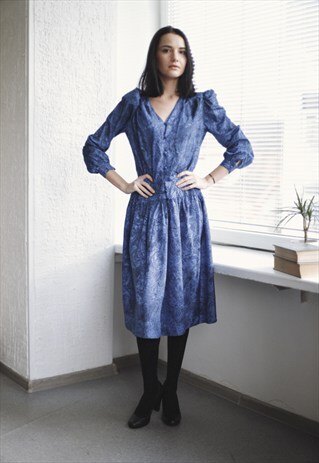 VINTAGE 80'S MIDI BLUE PATTERNED DRESS
