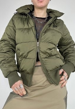 Vintage Y2k Puffer Jacket Double Zip Khaki Hooded Streetwear