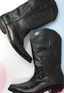 Vintage Silvana Cowboy Boots Black Leather Western