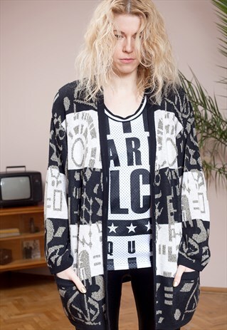 VINTAGE GRAPHIC PRINT OVERSIZED KNIT STRIPY CARDIGAN