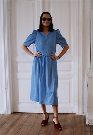 VINTAGE 80'S MIDI STRIPED GLOSSY BLUE DRESS