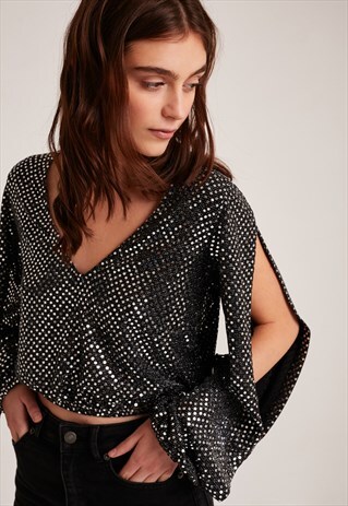 V-NECK BLOUSE - BLACK AND SILVER