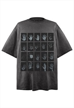 Hand print t-shirt sign language top grunge punk tee grey 