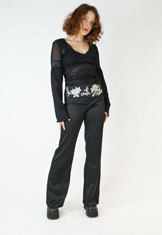 VINTAGE 90S BLACK SATIN SILKY FLORAL FLARED TROUSERS