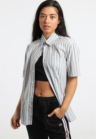 90S YSL EMBROIDERED LOGO SHORT SLEEVE STRIPED SHIRT