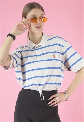VINTAGE REWORKED RALPH LAUREN CROP POLO WHITE BLUE STRIPES